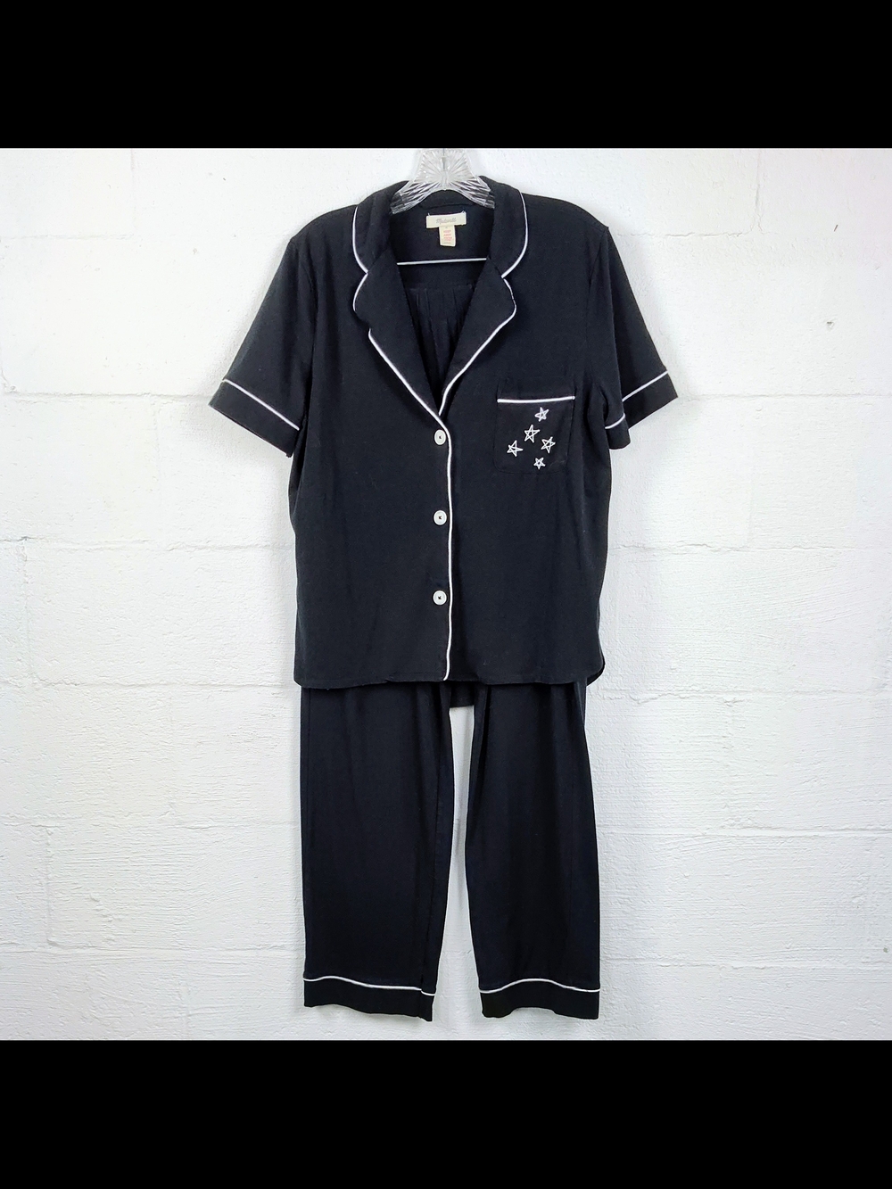 Madewell Black Short-Sleeve Star Embroidered Pajama Set with White Trim